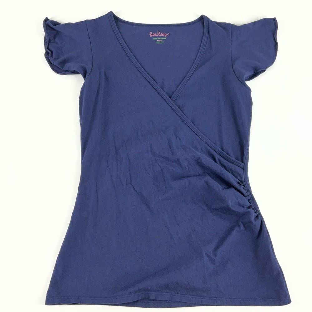 Lilly‎ Pulitzer Dark Navy Blue Wrap-Style Short Sleeve Top Women's Size Small - Picture 4 of 9